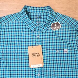 Field & Stream Shirt Mens L Fishing Blue Plaid Vented Roll Tab Sleeves Pockets